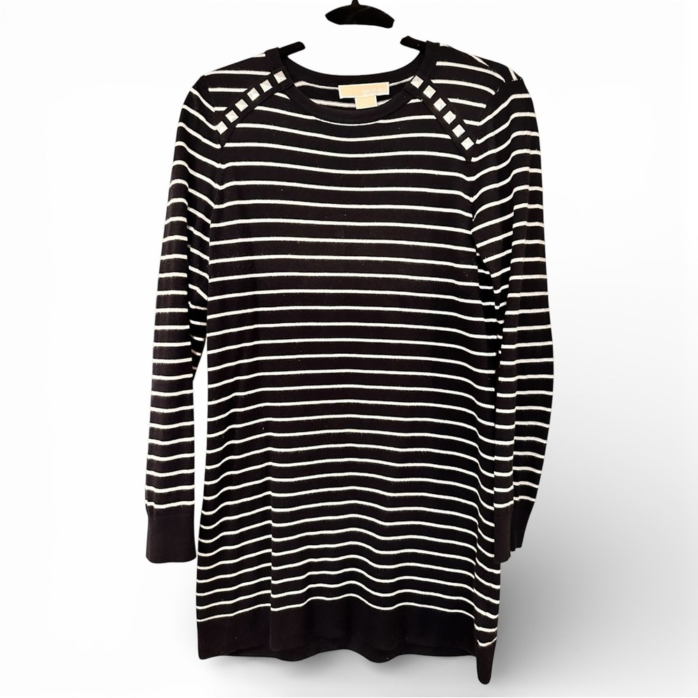 Michael Kors Black/White Striped Studded Shoulder Tunic Top Lightweight Knit -M